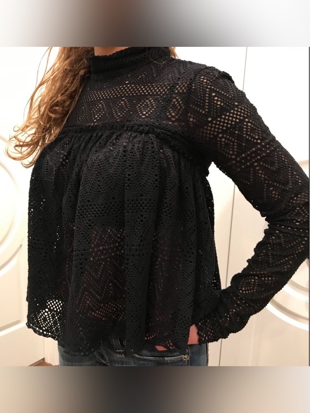 Free People Beach Black Eyelet Babydoll Top Size L Boho Mock Neck Flowy